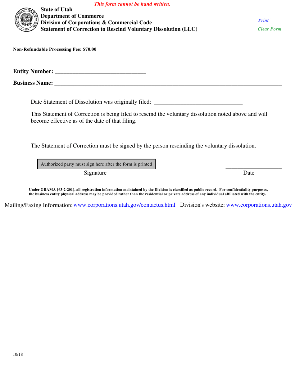 Utah Statement Of Correction To Rescind Voluntary Dissolution (Llc inside Voluntary Statement Template